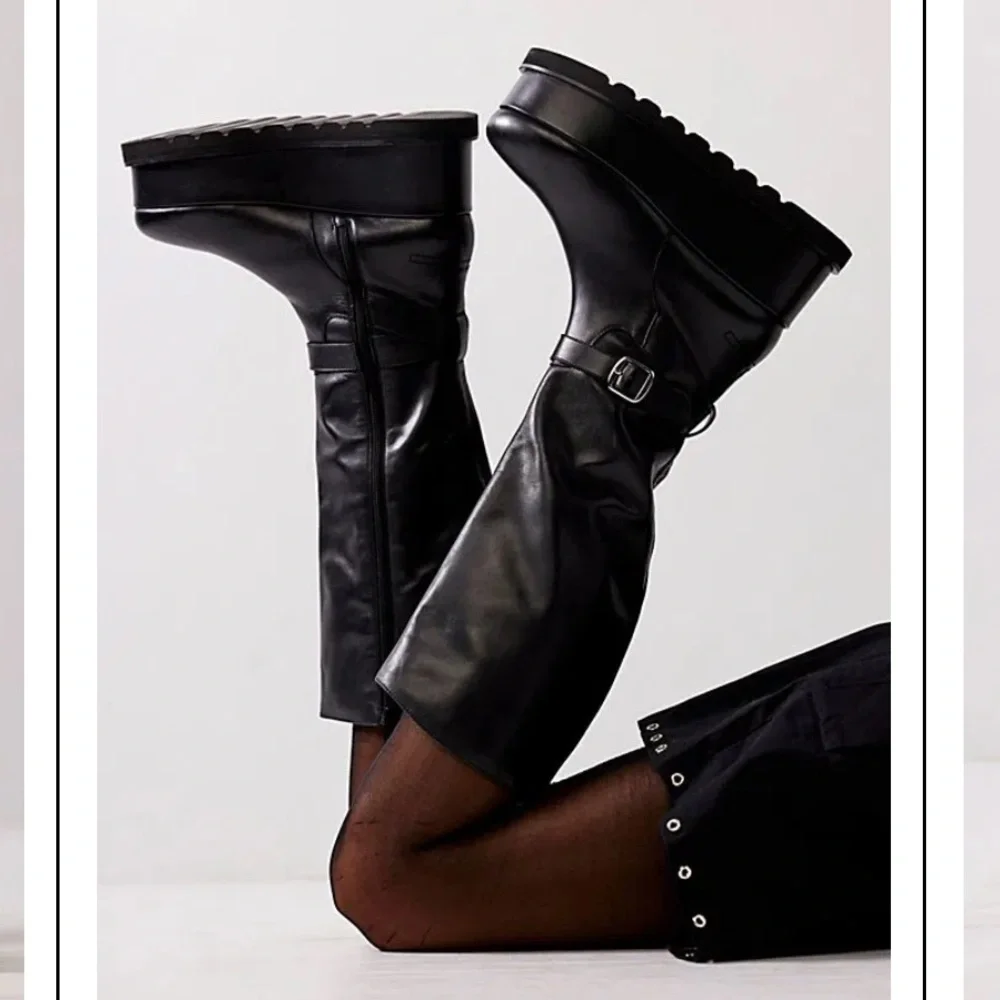 Free People Collection Not For Riding Platform Boots Tall Leather Buckle Black